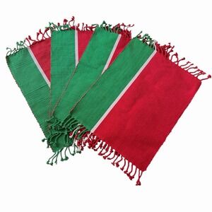 Vintage Hand Woven Placemats Red Green Christmas Handmade Cotton Set of 4 EUC